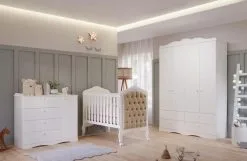 Quarto De Bebê 3 Peças Com Berço Capitonê Cômoda 4 Gavetas E Guarda Roupa 4 Portas 4 Gavetas Aquarela Espresso Móveis