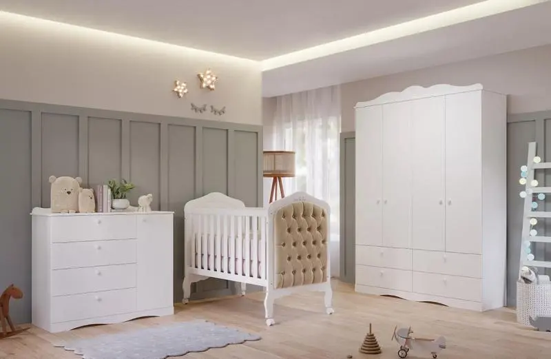 Quarto De Bebê 3 Peças Com Berço Capitonê Cômoda 4 Gavetas E Guarda Roupa 4 Portas 4 Gavetas Aquarela Espresso Móveis