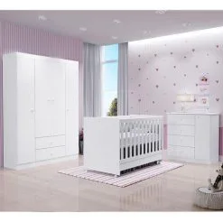 Quarto Bebê Completo Com Berço Cômoda Guarda Roupa 4 Portas - Phoenix Baby