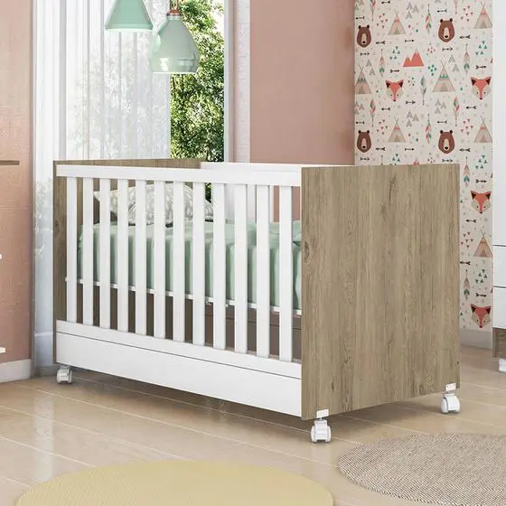 Jogo De Quarto Completo Infantil Bebê Guarda Roupa 2 Portas Cômoda 3 Gavetas Berço Mini Cama C/ Rodízios Doce Sonho 1395 / 1344 / 1367 - Qmovi - Image 5