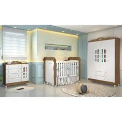 Quarto De Bebê Provençal Guarda Roupa 4P Cômoda Lisa Berço Mini Cama Lisa Amadeirado Carolina Baby