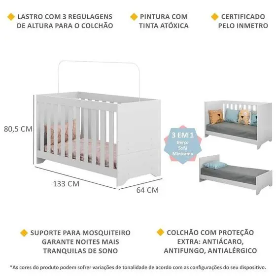 Berço 3 Em 1 Vira Cama Com Colchão Incluso Elza Multimóveis Branco - Image 2