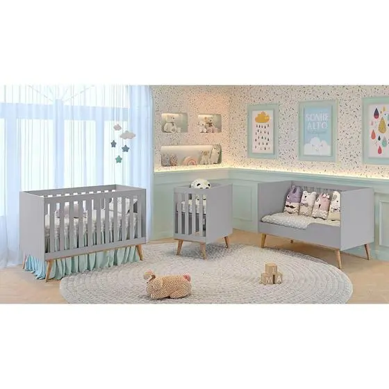 Berço Americano 3 Em 1 Retrô Evolutivo Ludmila Cinza Fosco Com Bétula Carolina Baby