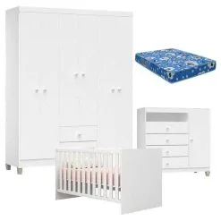 Quarto De Bebê 6 Portas Ternura Baby Com Berço Americano Doce Sonho 100 Branco Brilho Com Colchão Ortobom - Incorplac