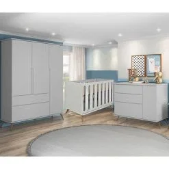 Quarto Para Bebê Completo Retrô Melinda Guarda Roupa 3 Portas, Cômoda, Berço Mini Cama Old Cinza - Art Home - Planet Baby
