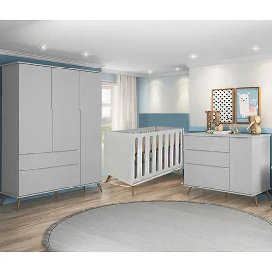 Quarto Para Bebê Completo Retrô Melinda Guarda Roupa 3 Portas, Cômoda, Berço Mini Cama Old Cinza - Art Home - Planet Baby