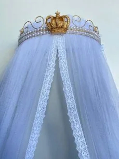 Dossel Perolas E Strass Dourado Coroa + Tule Renda Larga - Berço De Luxo