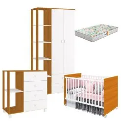 Quarto De Bebê Com Cômoda Sapateiro Gino E Berço Americano Tico Branco Savana Com Colchão Gazin Reller