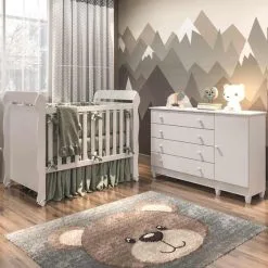 Quarto De Bebê Cômoda Com Fraldário Taís Berço Mini Cama Mirelle Branco Brilho Carolina Baby