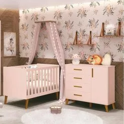 Berço Americano E Cômoda Infantil Ambiente Retro Ayla Rosa Fosco - Reller