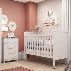 Quarto De Bebê Com Berço Cloe E Cômoda 4 Gavetas Júnior 100% MDF Móveis Peroba Branco Brilho - MOVEIS PEROBA