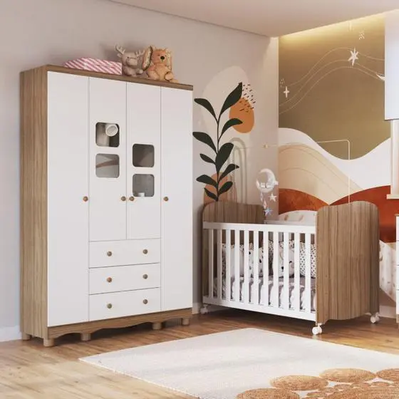 Conjunto Quarto De Bebê Completo Com Berço Americano E Guarda Roupa 4 Portas Com Janelas Mimo Espres - Espresso Móveis