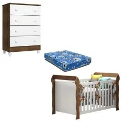 Berço Americano Lara E Cômoda Gaveteiro Ariel Branco Acetinado Amadeirado Com Colchão - Carolina - Carolina Baby