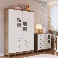 Quarto Infantil Com Guarda Roupa 4 Portas E Cômoda 1 Porta Com Janela Mimo Espresso Móveis