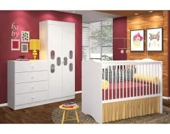 Quarto Infantil Meu Bebê 100% MDF Com Guarda-Roupa/Cômoda/Berço - Canaã - Branco - KidsBaby