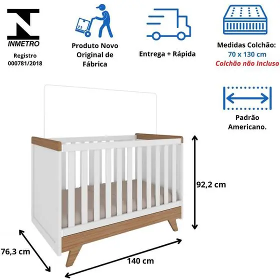 Quarto Bebê Retrô Completo Com Guarda Roupa 4 Portas Berço Mini Cama Cômoda 4 Gavetas Móveis Peroba - Image 5