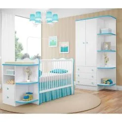 Quarto Para Bebê Doce Sonho - Berço Cantoneira E Guarda Roupa - Branco/azul - Qmovi