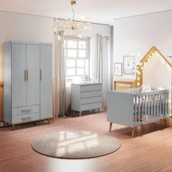 Quarto De Bebê Retrô Guarda Roupa 3P Ludmila Cômoda Lorena Berço 3 Em 1 Ludmila Cinza Carolina Baby