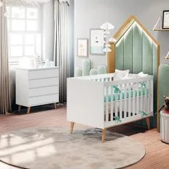 Quarto De Bebê Retrô Cômoda 4 Gavetas Lorena Berço 3 Em 1 Ludmila Branco Fosco Bétula Carolina Baby