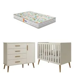 Berço Americano E Cômoda Infantil Com Porta Isis Areia Acetinado Com Colchão Gazin - Reller
