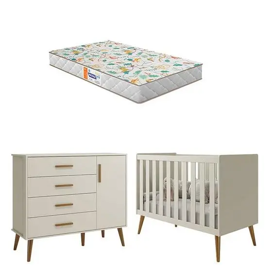 Berço Americano E Cômoda Infantil Com Porta Isis Areia Acetinado Com Colchão Gazin - Reller