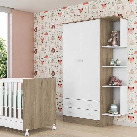 Jogo De Quarto Completo Infantil Bebê Guarda Roupa 2 Portas Cômoda 3 Gavetas Berço Mini Cama C/ Rodízios Doce Sonho 1395 / 1344 / 1367 - Qmovi - Image 3