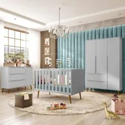 Kit Quarto Bebê Retrô Melinda Cinza Roupeiro + Cômoda + Berço Mini Cama Ana 100% MDF- Mobili