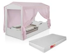 Mini Cama Montessoriana Branco C/ Dossel Rosa Com Colchão - Móveis Bela
