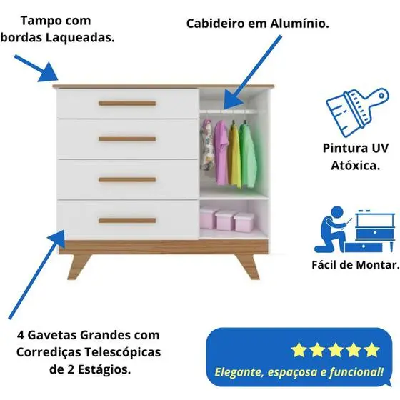 Quarto Bebê Retrô Completo Com Guarda Roupa 4 Portas Berço Mini Cama Cômoda 4 Gavetas Móveis Peroba - Image 7