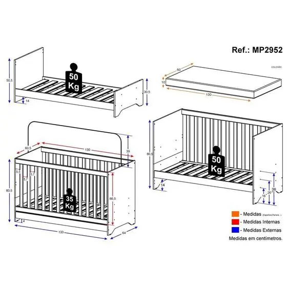 Berço 3 Em 1 Vira Cama Com Colchão Incluso Elza Multimóveis Branco - Image 3