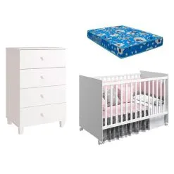 Cômoda Gaveteiro Gino E Berço Americano Tico Branco Acetinado Com Colchão Ortobom Reller