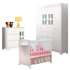 Quarto De Bebê New Cristal 4 Portas Com Berço Americano Munique Branco Brilho Canaã - Canaa Baby