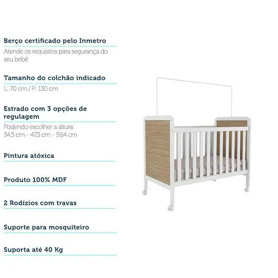 Kit Quarto Bebê Infantil Conjunto MDF Berço Americano Cômoda Armário Guarda Roupa Cor Madeira Branco - Peroba - Image 5