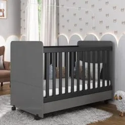 Berço Americano 3 Em 1 Com Rodízios Para Colchão 70x130 Cm Pimpolho Multimóveis Cinza/Preto