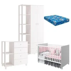 Quarto De Bebê Com Cômoda Sapateiro Gino E Berço Nacional Mel Branco Acetinado Com Colchão Ortobom Reller