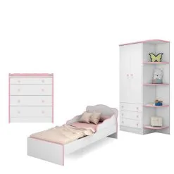 Quarto Infantil Guarda Roupa, Cômoda Trocador E Mini Cama Doce Sonho Branco/Rosa - Qmovi