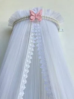 DOSSEL PÉROLAS BORBOLETA ROSA COM MOSQUITEIRO TULE Renda Larga - Berço De Luxo