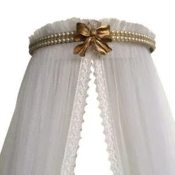 Dossel Laço Pérolas Dourado + Mosquiteiro Tule Berço - Berço De Luxo