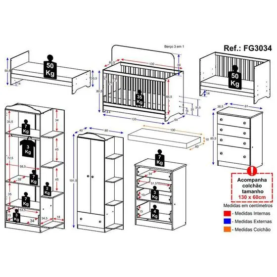 Quarto Infantil Completo C/ Berço 3x1 E Colchão Incluso Multimóveis João E Maria FG3034 Bco/Colorido - Image 4