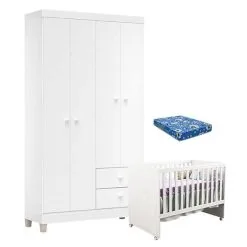 Berço Americano Gabi Com Colchão E Guarda Roupa Ternura Baby 4 Portas Branco Flex - Incorplac
