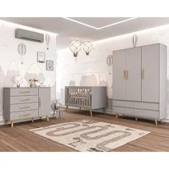 Quarto Infantil Retrô Guarda Roupa Lorena Cômoda Ludmila Berço 3 Em 1 Ludmila Cinza Carolina Baby