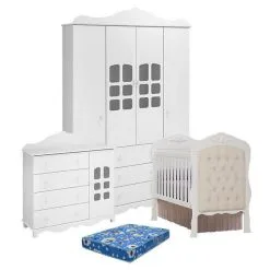 Quarto De BebĂȘ Imperial 4 Portas Com Berço Americano Realeza Acetinado Com ColchĂŁo - Canaa Baby