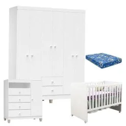 Quarto De Bebê 6 Portas Ternura Baby Com Berço Gabi Branco Brilho Com Colchão - Incorplac