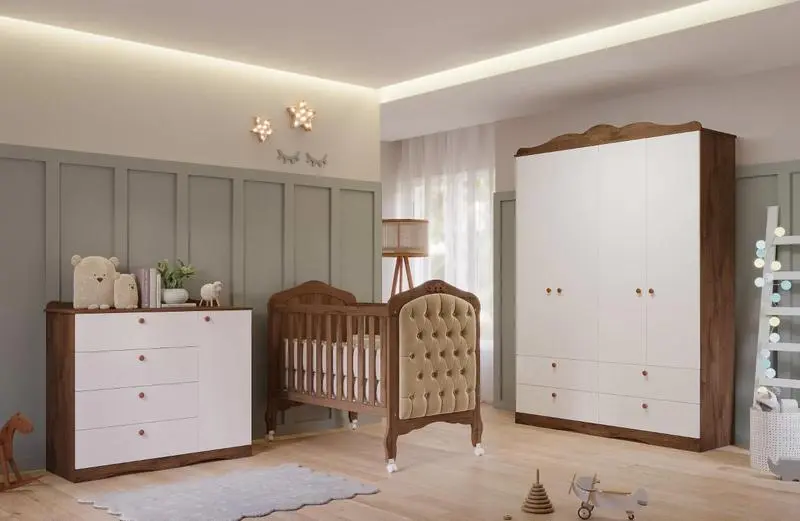 Quarto De Bebê 3 Peças Com Berço Capitonê Cômoda 4 Gavetas E Guarda Roupa 4 Portas 4 Gavetas Aquarel - Espresso Móveis