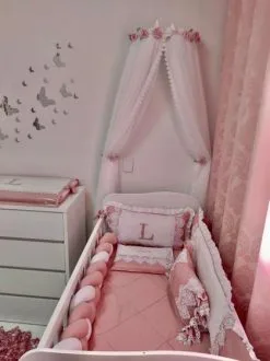 Kit Menina Dossel, Mosquiteiro E Abraçadeiras Passarinho E Flor - Berço De Luxo