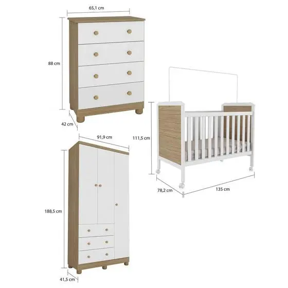 Kit Quarto Bebê Infantil Conjunto MDF Berço Americano Cômoda Armário Guarda Roupa Cor Madeira Branco - Peroba - Image 3