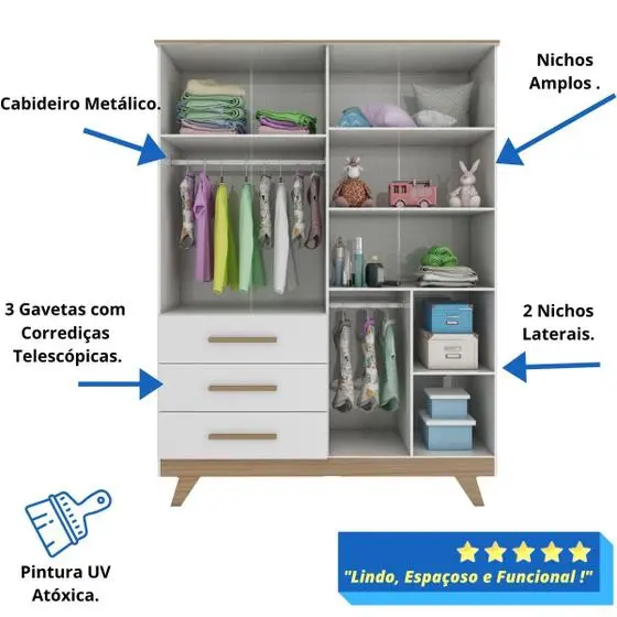 Quarto Bebê Retrô Completo Com Guarda Roupa 4 Portas Berço Mini Cama Cômoda 4 Gavetas Móveis Peroba - Image 10