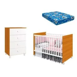 Cômoda Gaveteiro Gino E Berço Americano Tico Branco Savana Com Colchão Ortobom Reller