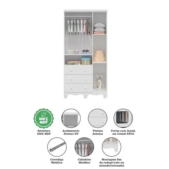 Quarto De Bebê Com Guarda Roupa 1 Porta Com Janela E Berço 100% MDF Uli Móveis Peroba - Image 8