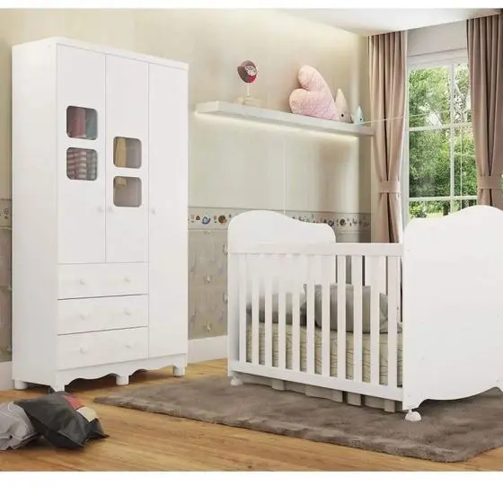 Quarto De Bebê Com Guarda Roupa 1 Porta Com Janela E Berço 100% MDF Uli Móveis Peroba